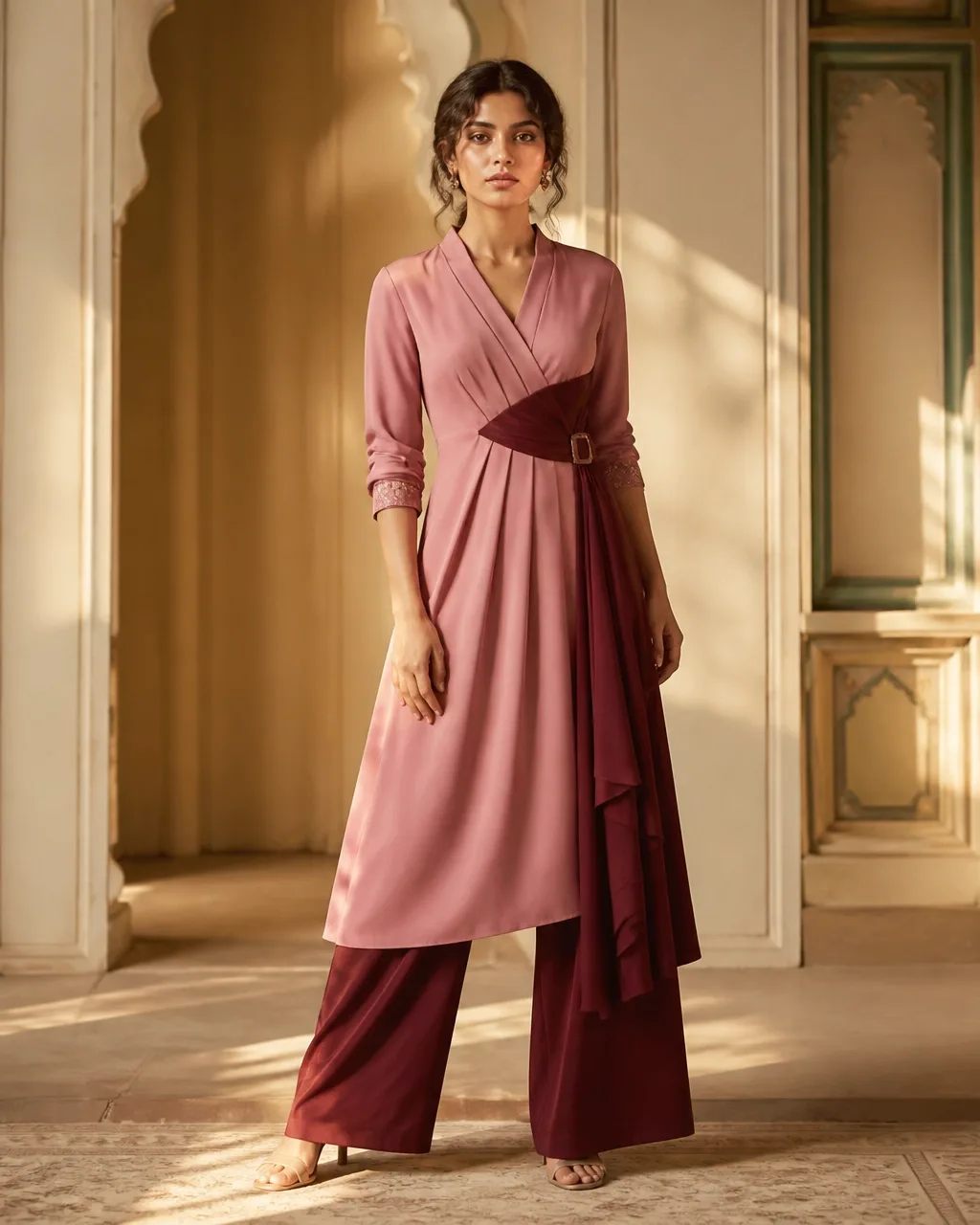 Woman in a rose and oxblood Indo-Western outfit in a heritage interior