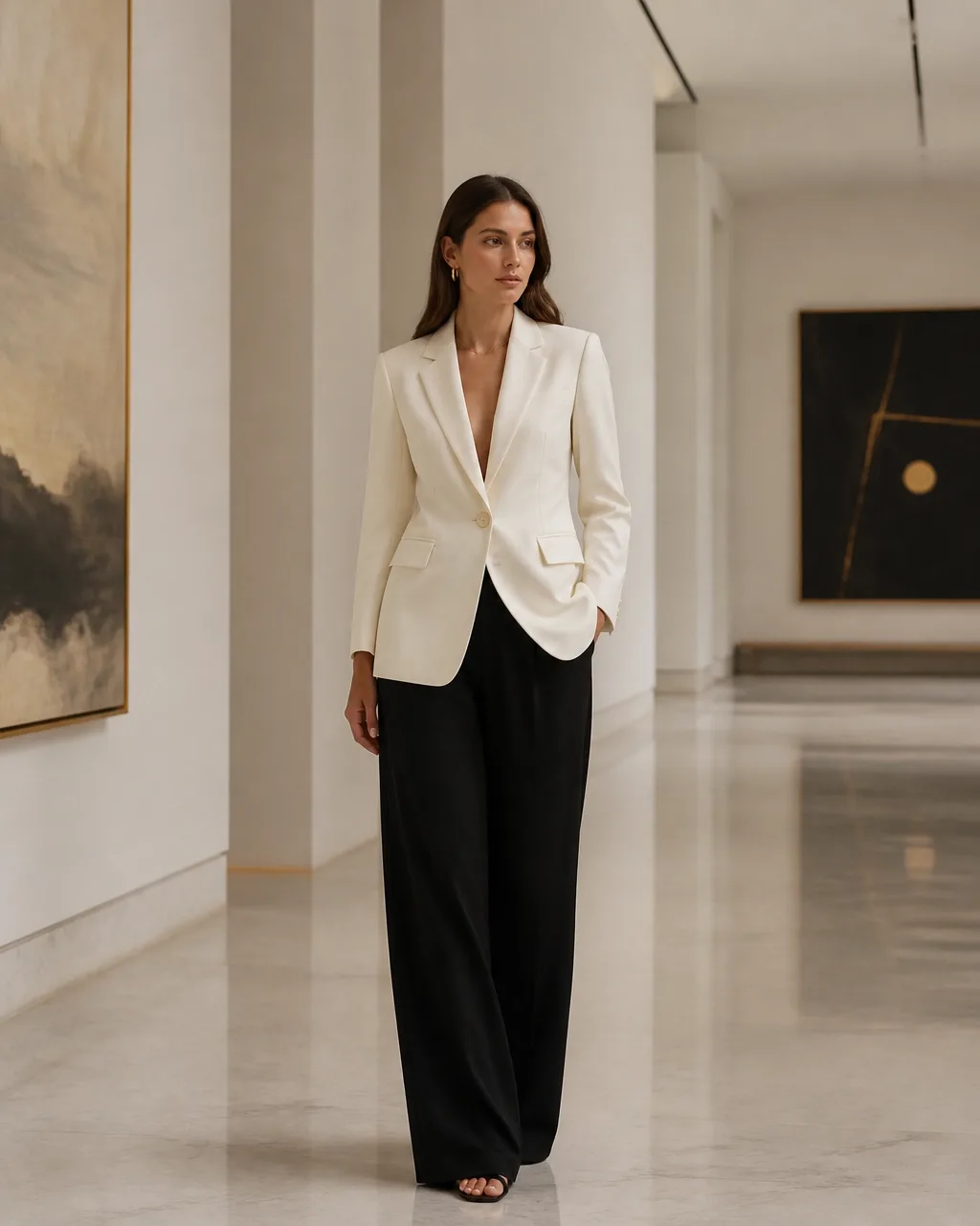 Woman in a cream blazer and black trousers in a modern gallery