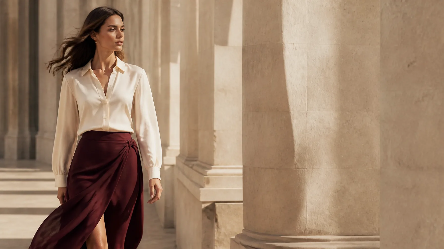 Woman in a cream shirt and oxblood skirt walking through a sunlit stone corridor