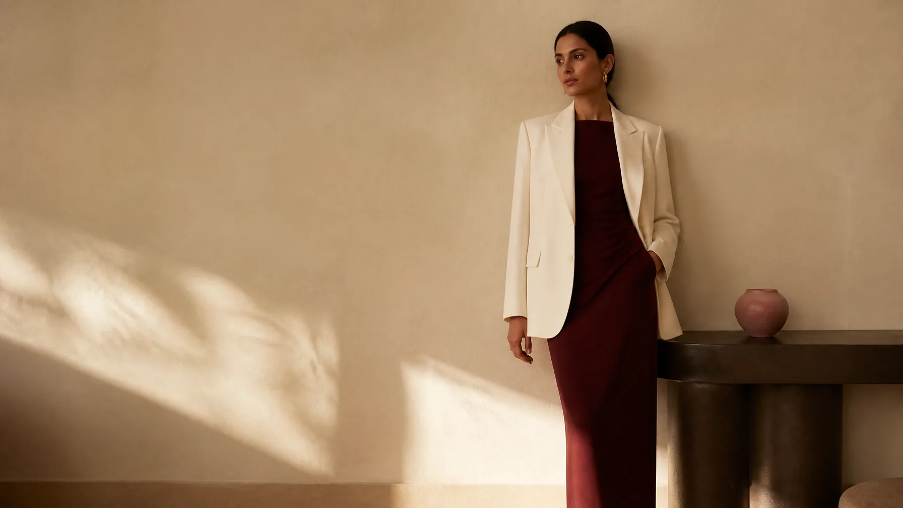 Woman in an ivory blazer and oxblood dress in a warm modern interior